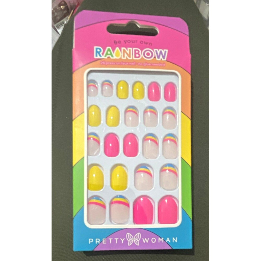 Pretty Woman Press-On Nails Rainbow Short Square Shiny Self-Adhesive 24 PDV2271